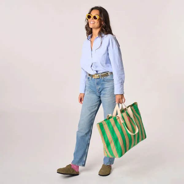 Billy Belts 100% organic cotton shopping bag with green stripes, eco-friendly reusable design, lightweight and spacious for groceries.
