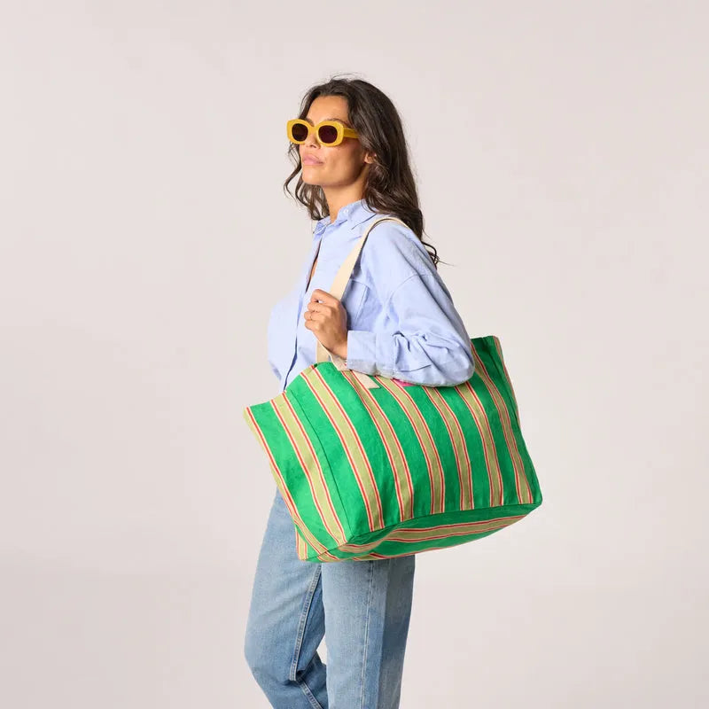 Billy Belts 100% organic cotton shopping bag with green stripes, reusable eco-friendly tote for groceries and everyday use.