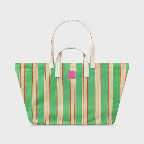 Billy Belts organic cotton tote bag with green and red striped pattern, eco-friendly design, and white handles.