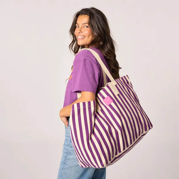 Billy Belts 100% organic cotton shopping bag with purple and ecru stripes, eco-friendly tote for groceries and everyday use.