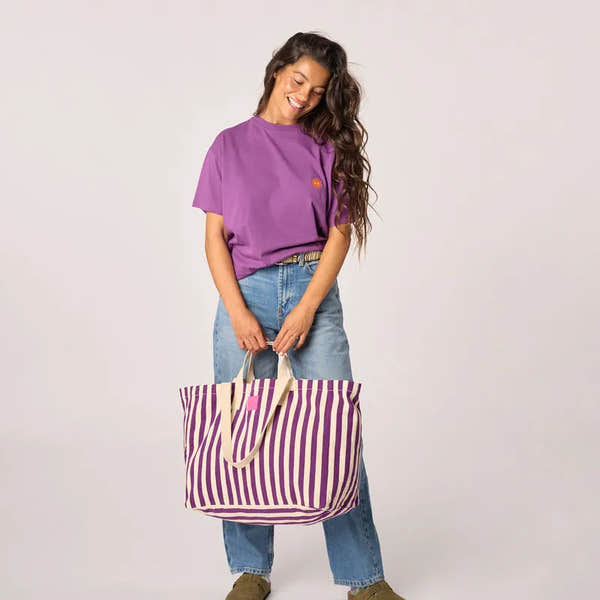 Billy Belts 100% Organic Cotton shopping bag with purple and ecru stripes, eco-friendly reusable tote for groceries and casual use.