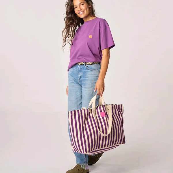 Billy Belts organic cotton shopping bag with purple and ecru striped design, eco-friendly, large tote for groceries and essentials.
