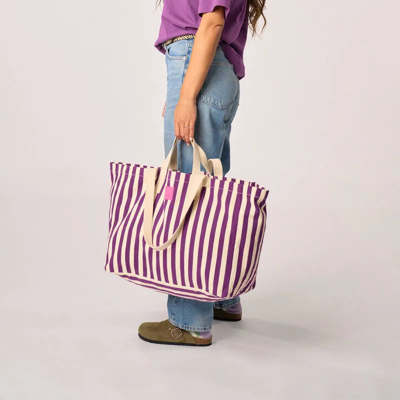 Billy Belts organic cotton shopping bag with purple and ecru vertical stripes, eco-friendly reusable tote for groceries and everyday use.