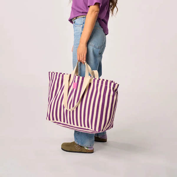 Billy Belts organic cotton shopping bag with purple and ecru vertical stripes, eco-friendly reusable tote for groceries and everyday use.