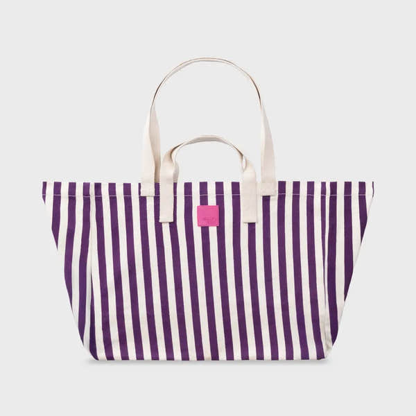 Billy Belts organic cotton shopping bag with purple and ecru striped design, featuring sturdy handles and a pink logo patch.