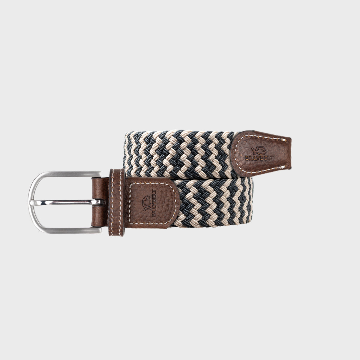 BillyBelt Fancy Woven Belt with leather accents and metal buckle, stylish black, beige, and brown strap.