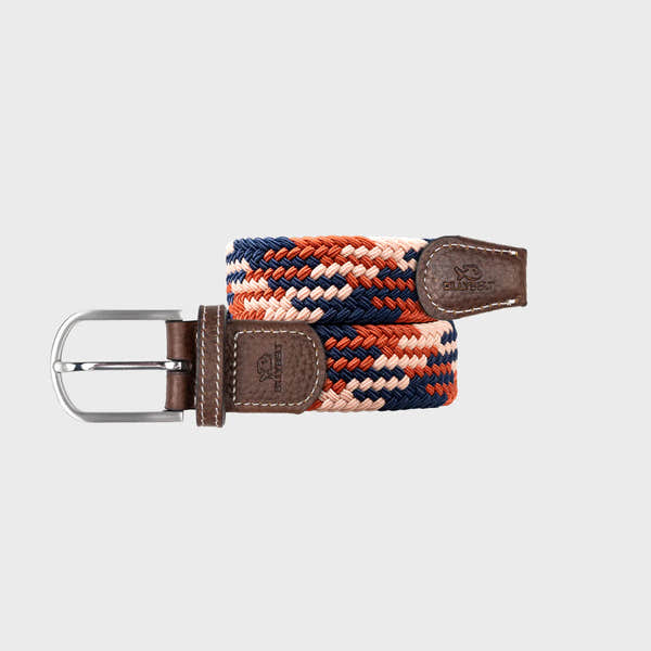BillyBelt woven fabric belt with brown leather accents and silver buckle, featuring a multicolor braided design for casual style.