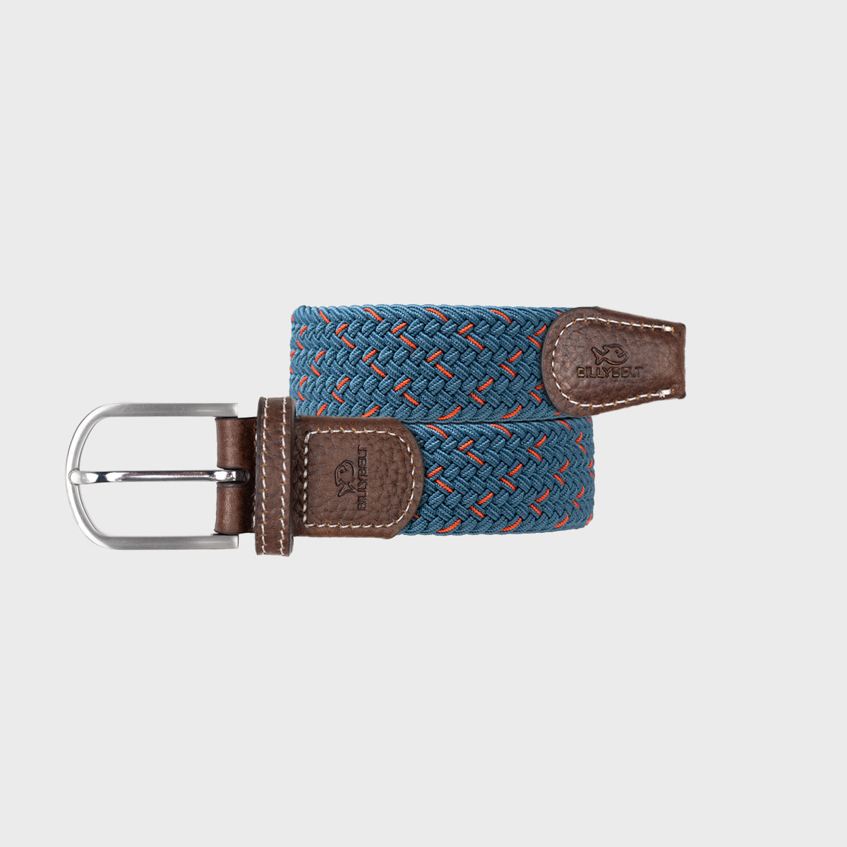 BillyBelt woven fabric belt with leather accents and metal buckle, stylish blue and orange design, adjustable fit.
