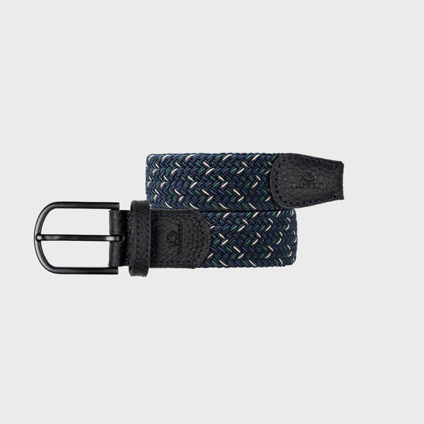 BillyBelt fancy woven belt with navy and multicolor pattern, black leather accents, and black metal buckle.