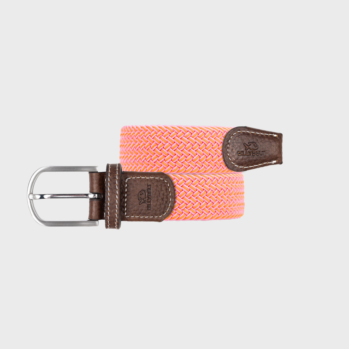 BillyBelt Fancy Woven Belt with pink and orange braided fabric, brown leather accents, and a silver buckle.