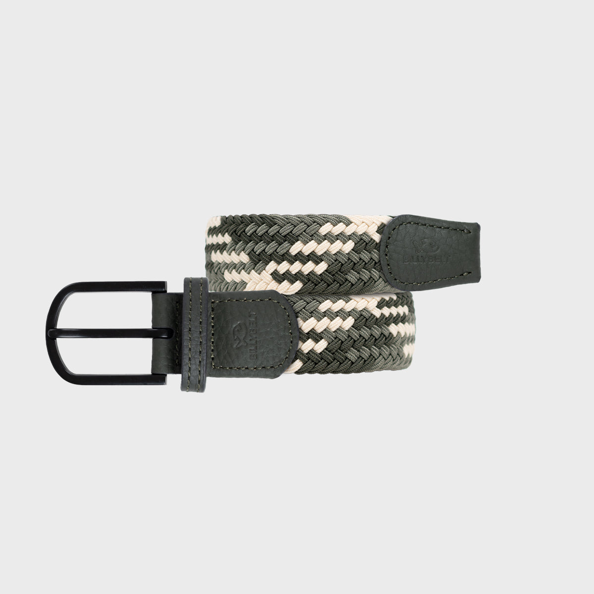 BillyBelt Fancy Woven Belt with black metal buckle, braided beige and gray fabric, and leather accents.
