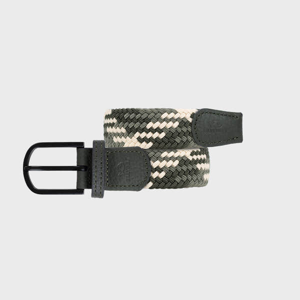 BillyBelt Fancy Woven Belt with black metal buckle, braided beige and gray fabric, and leather accents.