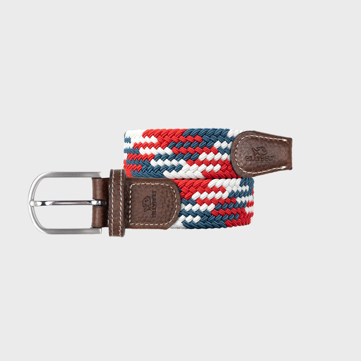 BillyBelt woven fabric belt with red, white, and blue braided design, leather accents, and metal buckle.