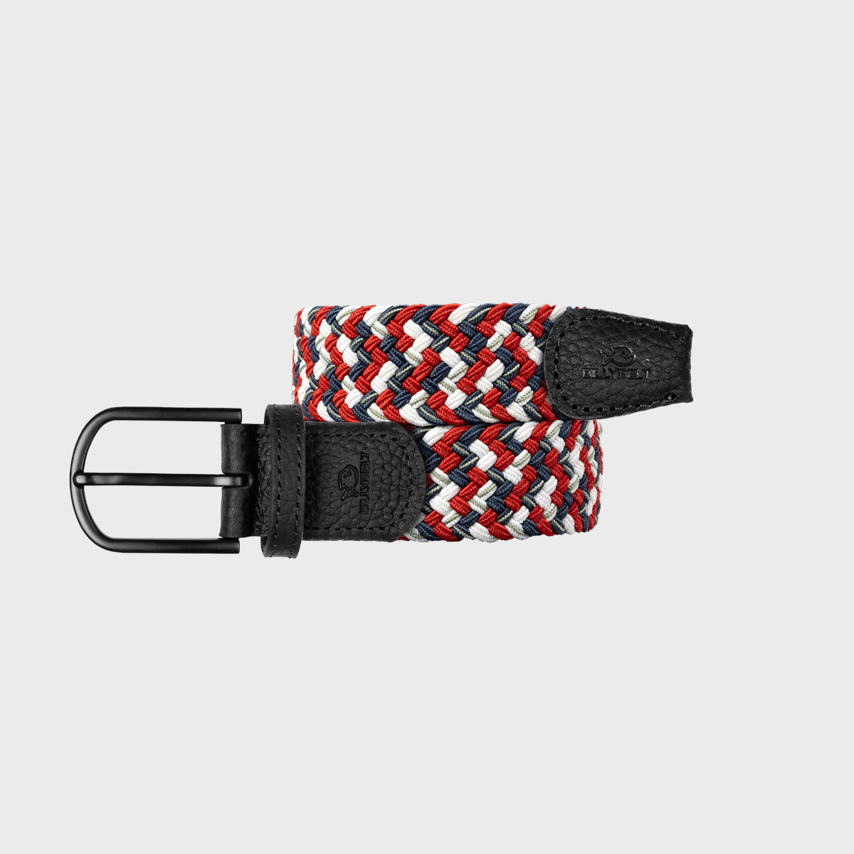 BillyBelt fancy woven belt with red, white, navy, and black pattern, black leather accents, and black metal buckle.