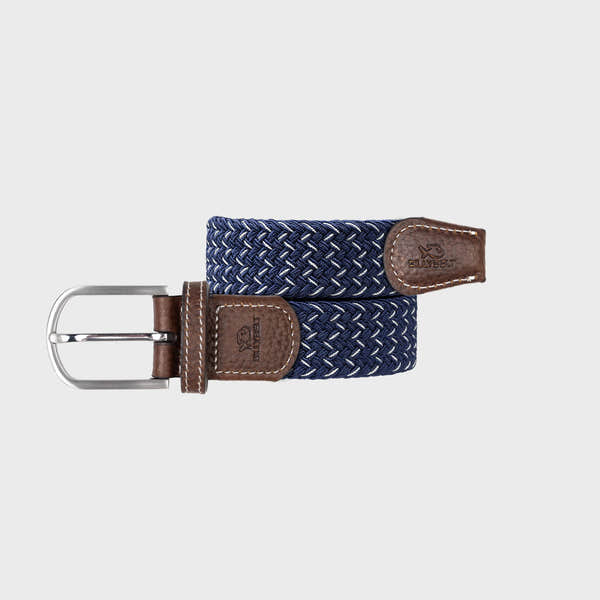 BillyBelt Fancy Woven Belt with brown leather accents and silver buckle, featuring a stylish blue woven textile design.