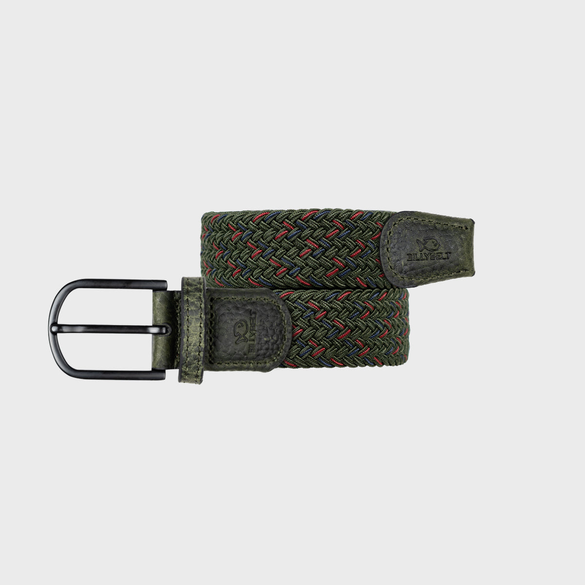 BillyBelt fancy woven belt with a black metal buckle, green braided fabric, and leather accents, stylish men's accessories.