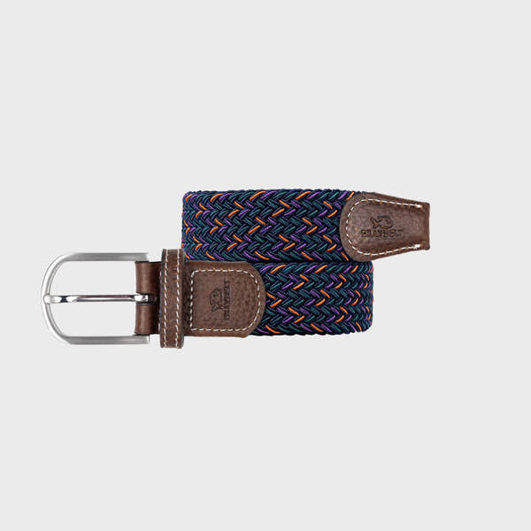 BillyBelt Fancy Woven Belt with colorful braided fabric and brown leather accents, silver buckle, stylish and durable accessory.