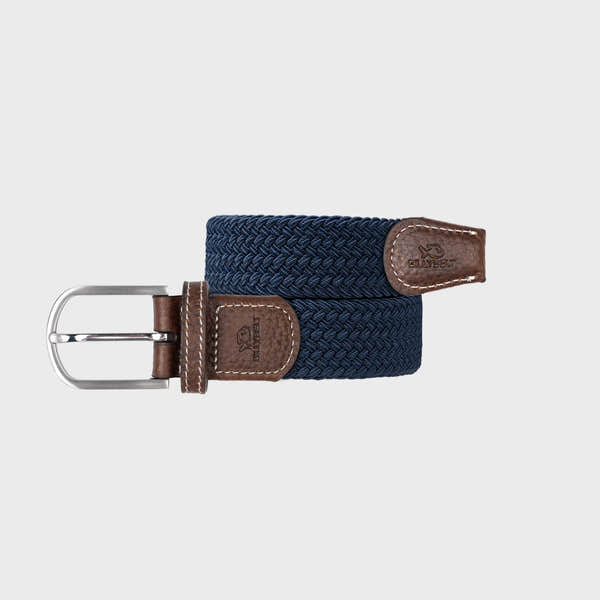 BillyBelt plain woven navy fabric belt with brown leather accents and a silver metal buckle.