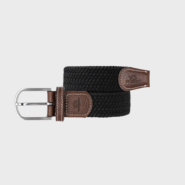 BillyBelt plain woven black belt with brown leather accents and metal buckle—casual, durable accessory for men.