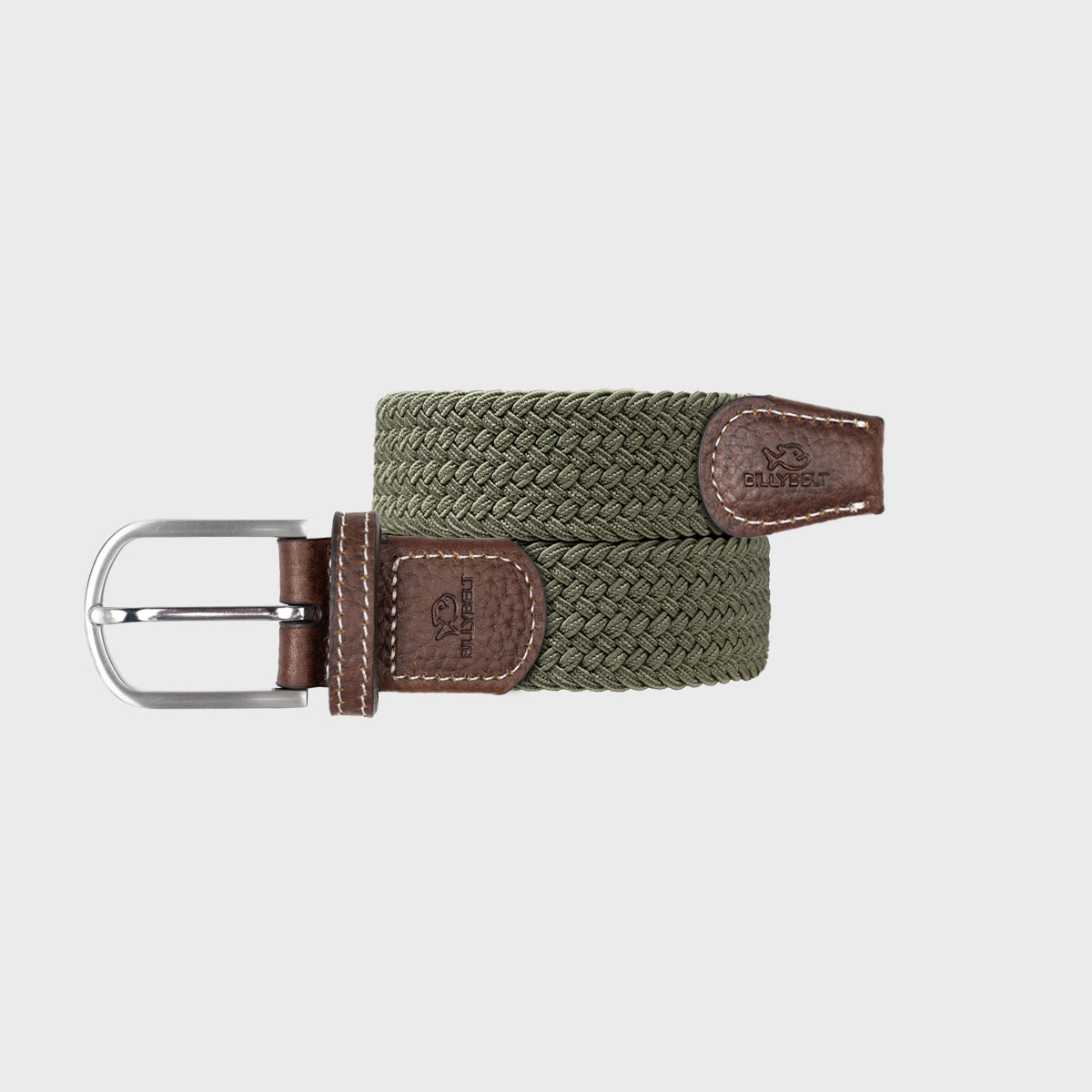 BillyBelt plain woven green belt with leather accents and metal buckle, casual stylish accessory for men and women.