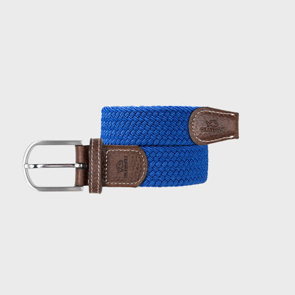 BillyBelt plain woven belt with brown leather accents and a metal buckle, in vibrant blue color.