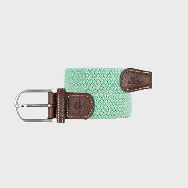 BillyBelt plain woven belt with brown leather accents and metal buckle in mint green color.