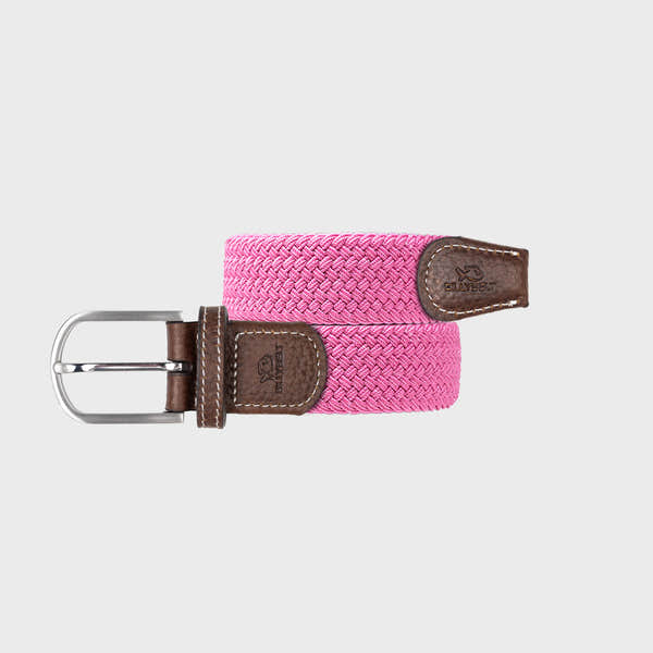 Pink woven fabric belt with brown leather accents and metal buckle, stylish unisex accessory.