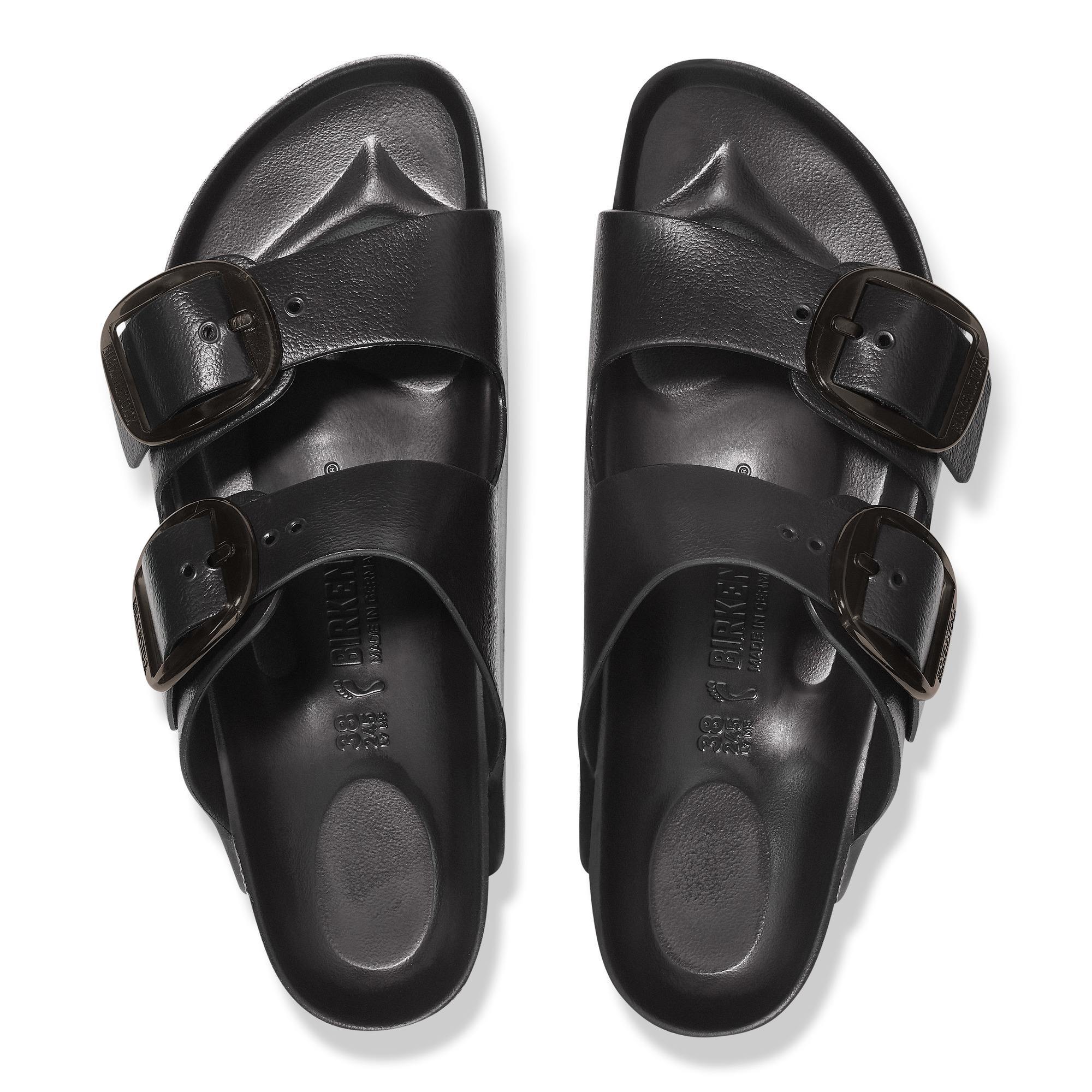 Black Birkenstock Arizona EVA ladies narrow buckle sandals with arch support and big buckles.
