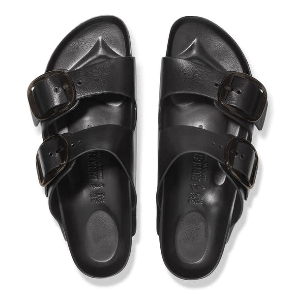 Black Birkenstock Arizona EVA ladies narrow buckle sandals with arch support and big buckles.