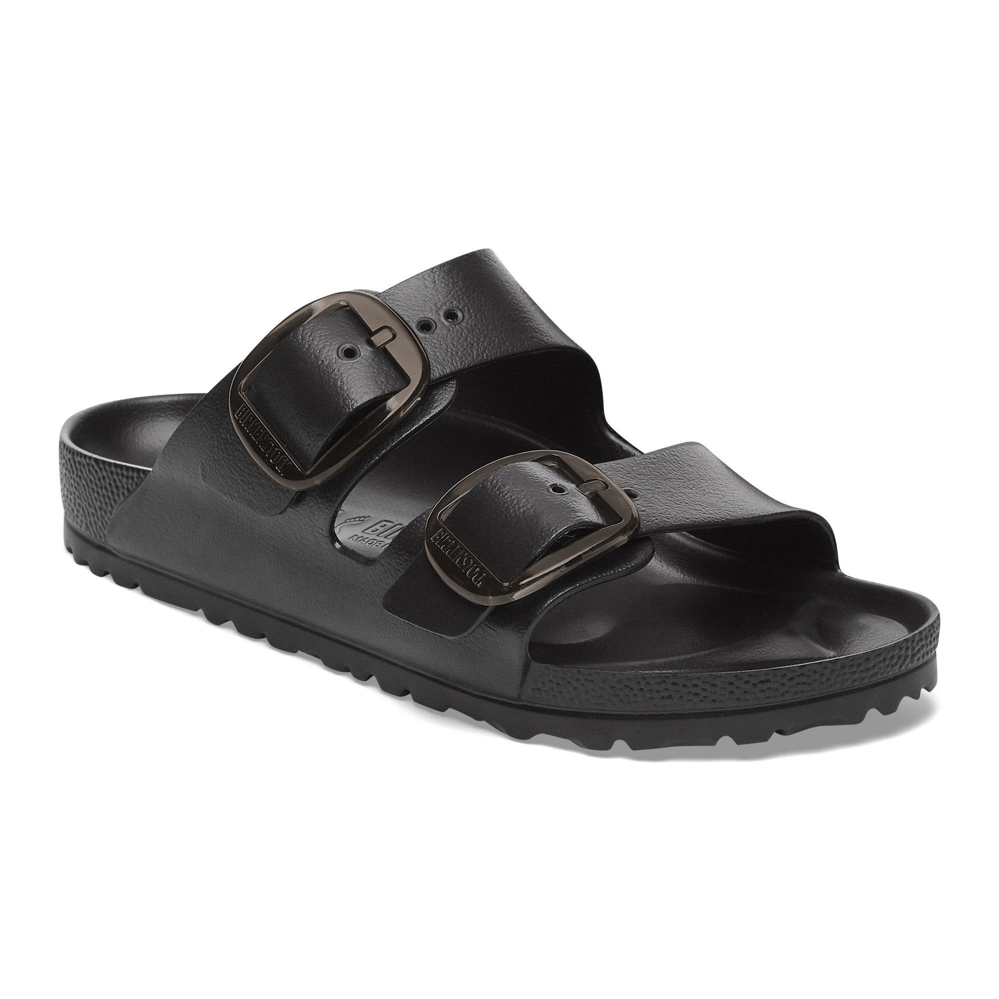 Birkenstock Arizona EVA women's narrow black slide sandals with arch support and adjustable buckle straps.