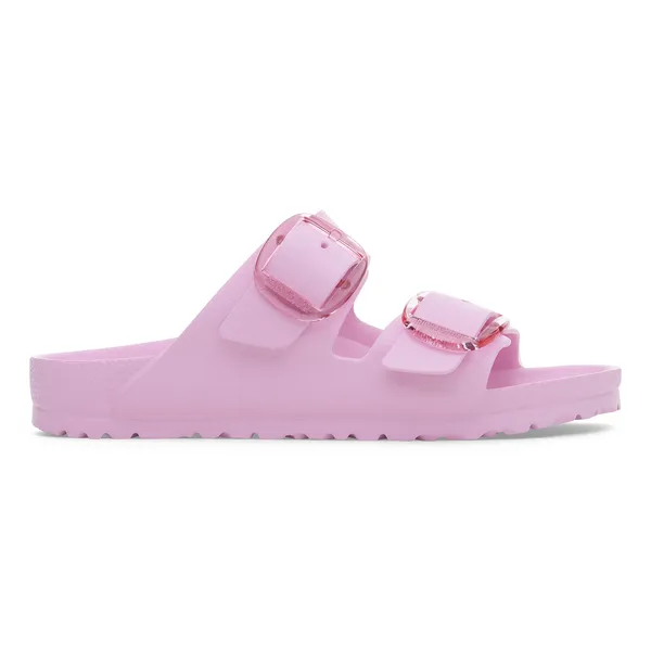 Birkenstock Arizona Big Buckle EVA women's narrow pink slide sandals with arch support and adjustable buckles.