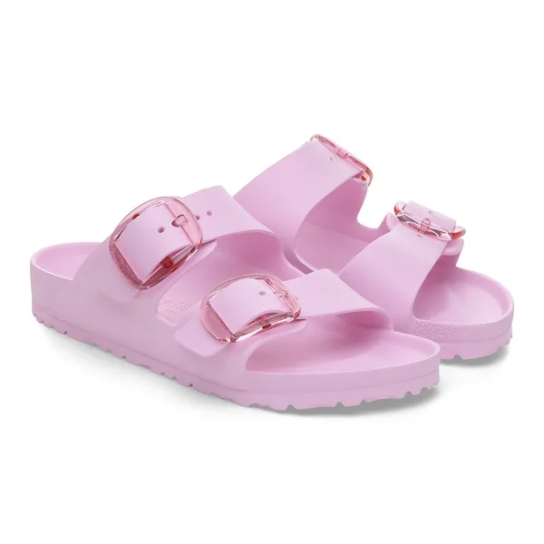 Birkenstock Arizona Big Buckle EVA women's pink arch support sandals with buckle straps, narrow fit, and lightweight design.