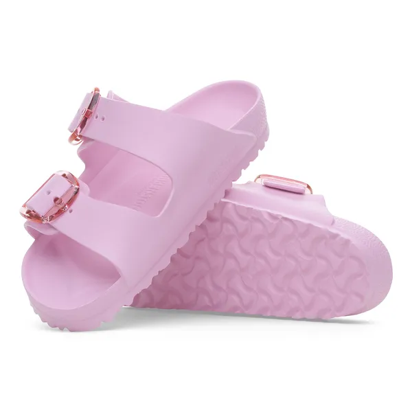 Women's Birkenstock Arizona EVA sandals with pink fondant color, narrow fit, arch support, and large buckles.