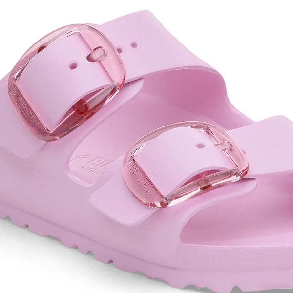Women's Birkenstock Arizona Big Buckle EVA sandals in Fondant Pink with arch support and adjustable buckle straps.
