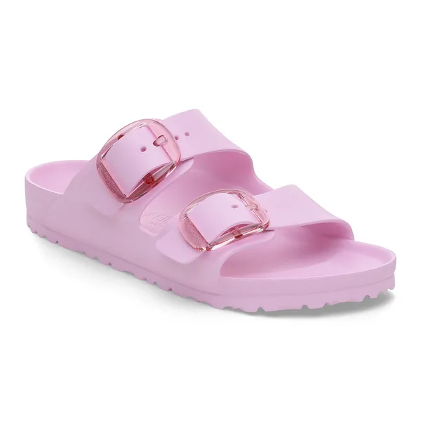 Pink Birkenstock Arizona EVA ladies narrow sandals with arch support and large buckle details.