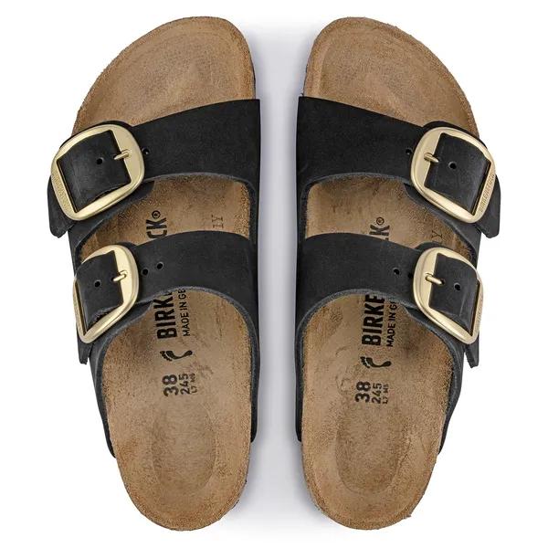 Birkenstock Arizona ladies narrow black nubuck slide sandals with big buckles, arch support, and adjustable straps.