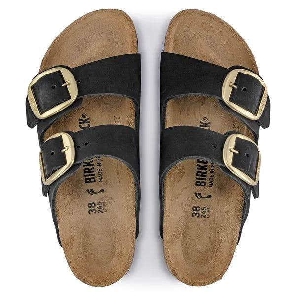 Birkenstock Arizona ladies narrow black nubuck slide sandals with big buckles, arch support, and adjustable straps.