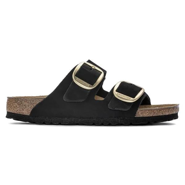 Birkenstock Arizona Big Buckle ladies narrow black nubuck sandals with arch support and buckle details.