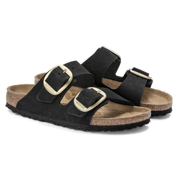 Birkenstock Arizona Big Buckle women's narrow black nubuck sandals with arch support and buckle straps.