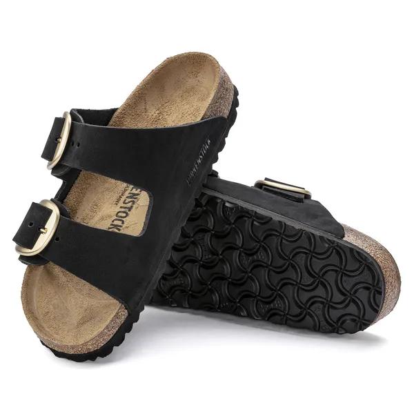 Women's Birkenstock Arizona Big Buckle Narrow Black Nubuck Sandals with arch support and buckle detail.