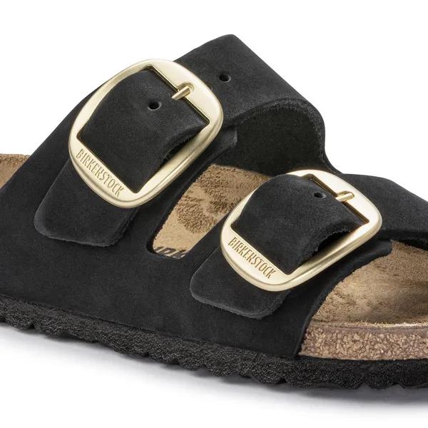 Birkenstock Arizona ladies narrow black nubuck sandals with big buckles, arch support, and adjustable straps.