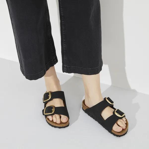 Birkenstock Arizona Big Buckle ladies narrow black nubuck sandals with arch support and buckle straps.