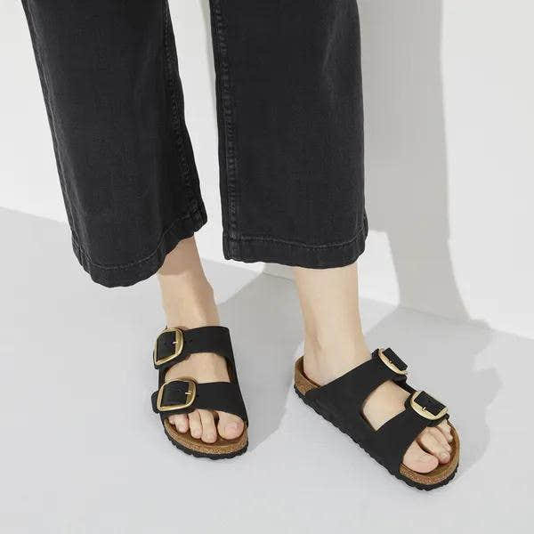 Birkenstock Arizona Big Buckle ladies narrow black nubuck sandals with arch support and buckle straps.