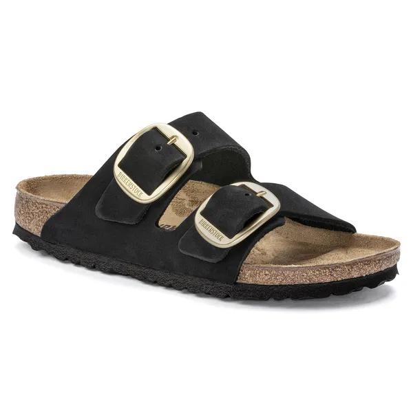 Birkenstock Arizona Ladies Narrow Black Nubuck Buckle Sandals with Arch Support and Big Buckle Detail