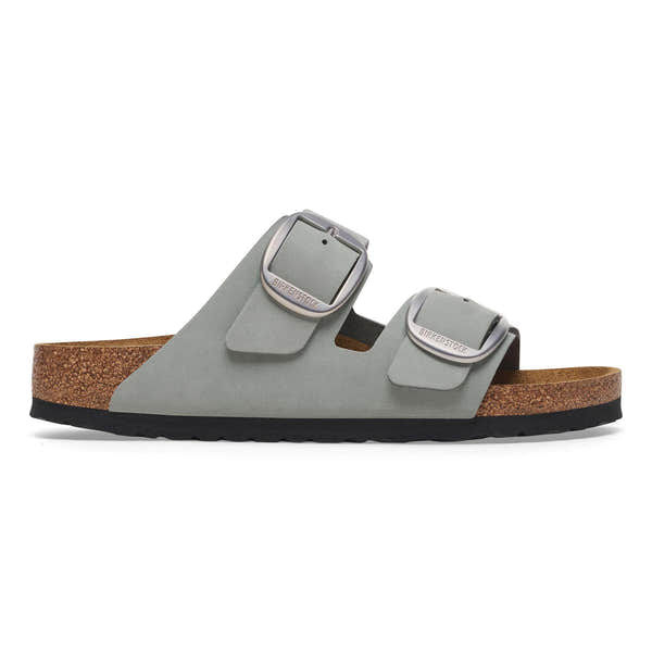 Birkenstock Arizona ladies narrow sandal with big buckle, pure sage nubuck leather, arch support, cork footbed, and adjustable straps.