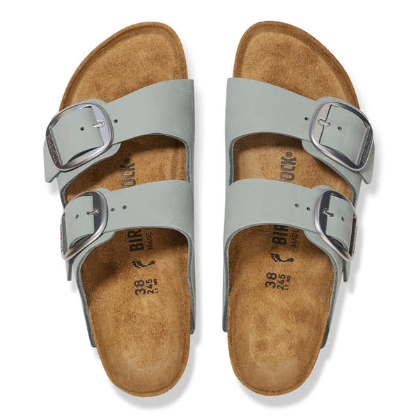 Women's Birkenstock Arizona Big Buckle narrow nubuck sandals with arch support, sage color, double buckle straps, and cushioned footbed.