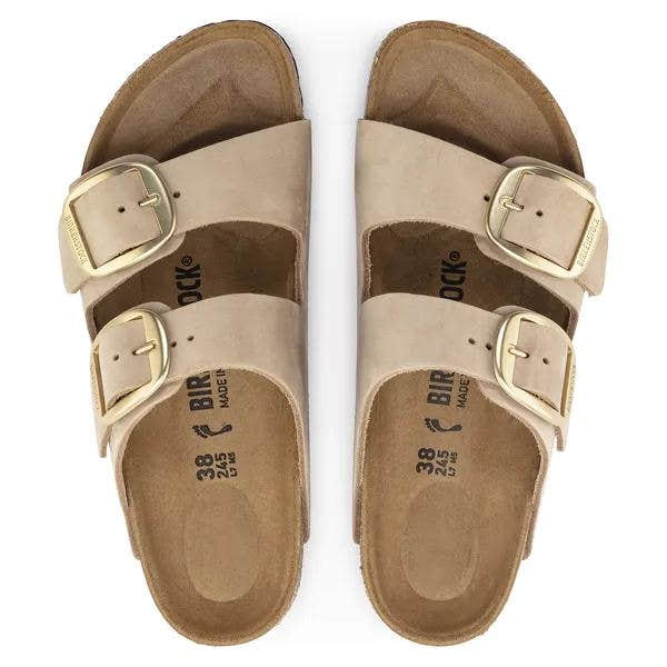 Birkenstock Arizona Big Buckle women's narrow nubuck sandals with arch support and adjustable buckle straps.