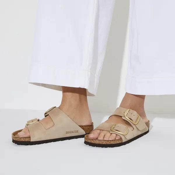 Birkenstock Arizona Big Buckle women’s narrow Nubuck sandals with arch support and adjustable buckles.