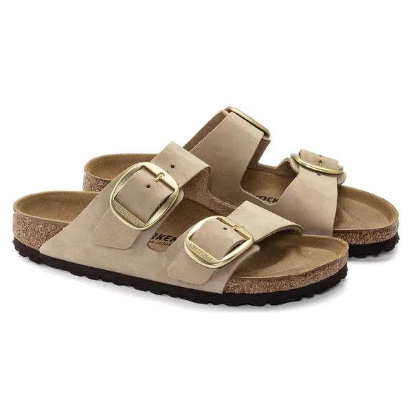 Birkenstock Arizona Big Buckle women's narrow nubuck sandals with arch support and gold buckles.