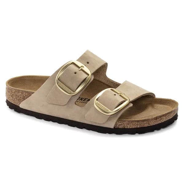 Birkenstock Arizona Big Buckle women's narrow nubuck sandals with arch support and adjustable buckle, in beige color.